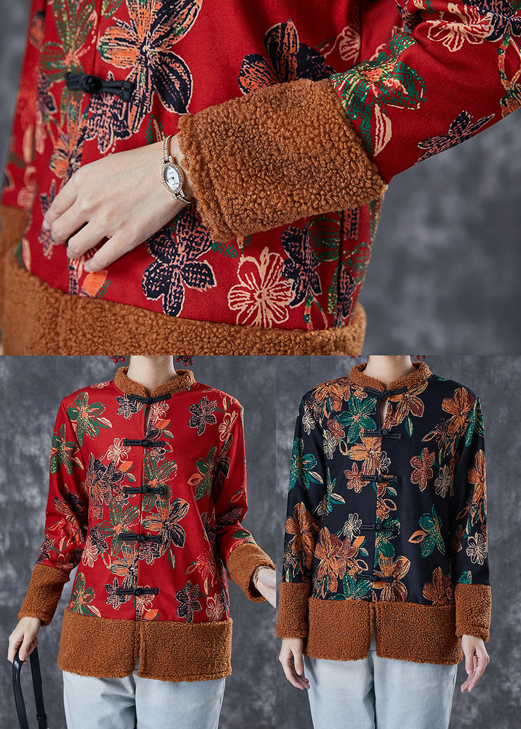 Red Patchwork Warm Fleece Jackets Chinese Button Winter