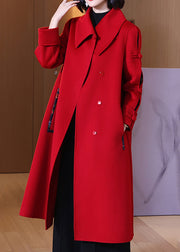 Red Patchwork Wool Long Coats Peter Pan Collar Spring