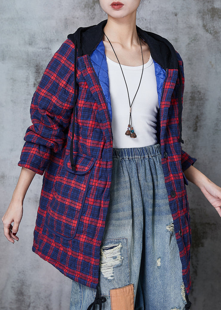 Red Plaid Fine Cotton Filled Coat Hooded Pockets Spring