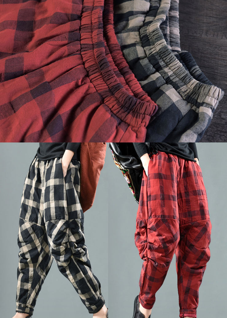 Red Plaid Patchwork Fine Cotton Filled Pants Winter