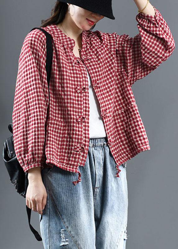 Red Plaid Tie Waist Patchwork Fall Trench Long Sleeve - bagstylebliss