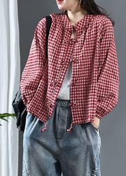 Red Plaid Tie Waist Patchwork Fall Trench Long Sleeve - bagstylebliss