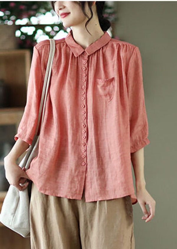 Red Pockets Linen Top Button Peter Pan Collar Half Sleeve