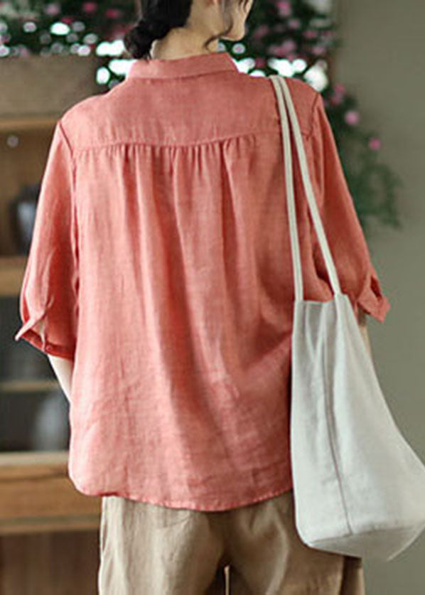 Red Pockets Linen Top Button Peter Pan Collar Half Sleeve