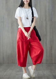 Red Pockets Patchwork Linen Crop Pants Elastic Waist Summer