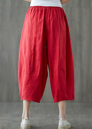 Red Pockets Patchwork Linen Crop Pants Elastic Waist Summer