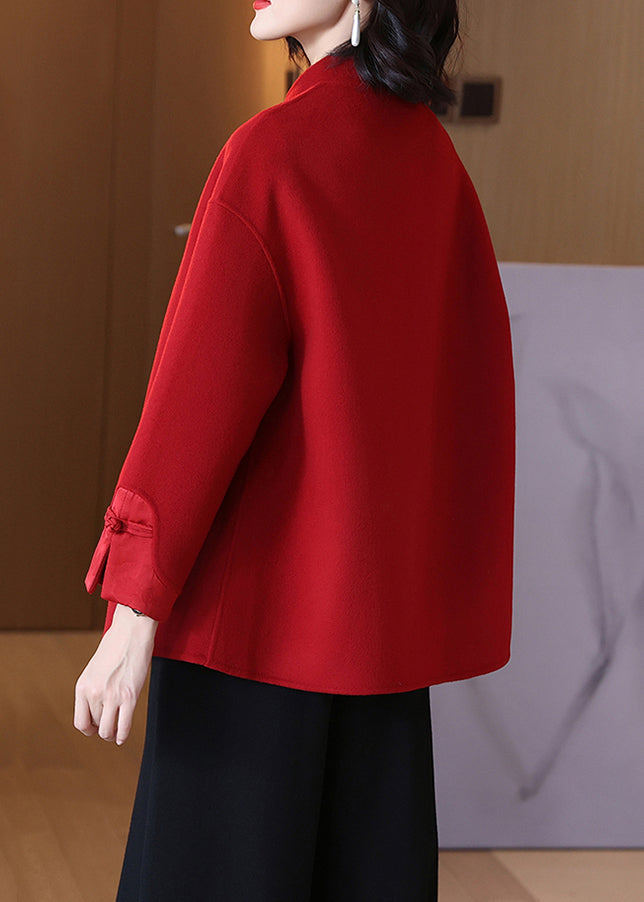 Red Pockets Patchwork Wool Coat Stand Collar Spring