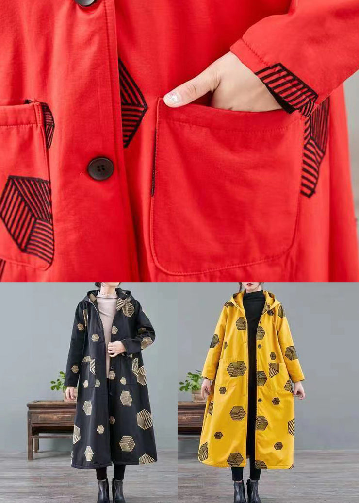 Red Pockets Print Patchwork Warm Fleece Hoodie Coat Winter