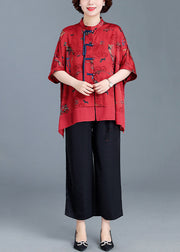 Red Print Button Patchwork Silk Two Piece Set Stand Collar Summer