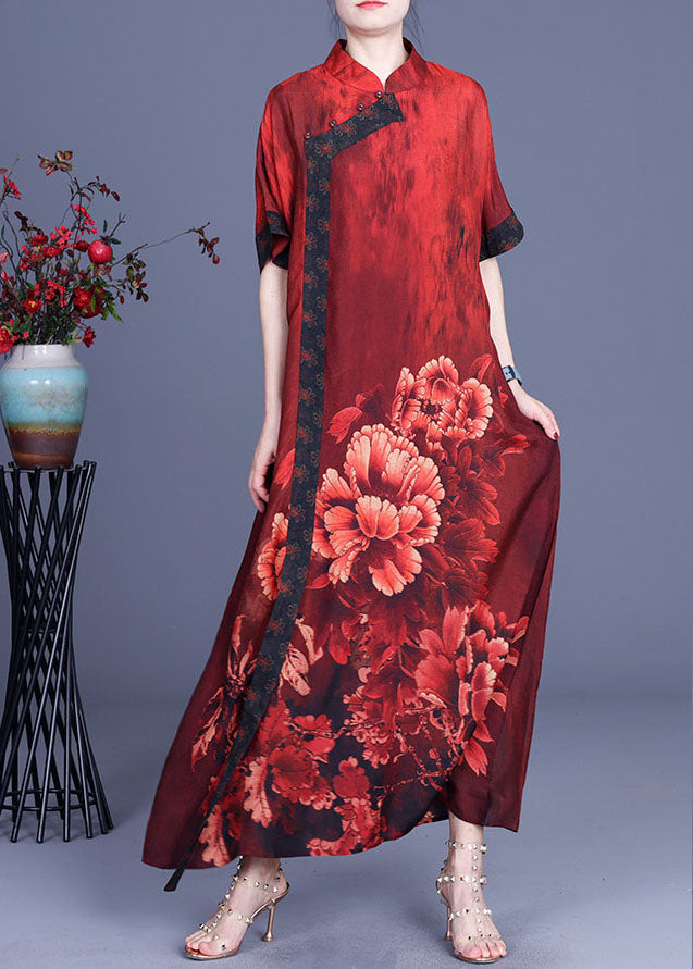 Red Print Button Silk Dresses Half Sleeve