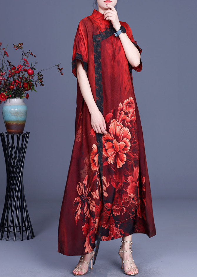 Red Print Button Silk Dresses Half Sleeve