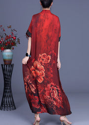 Red Print Button Silk Dresses Half Sleeve