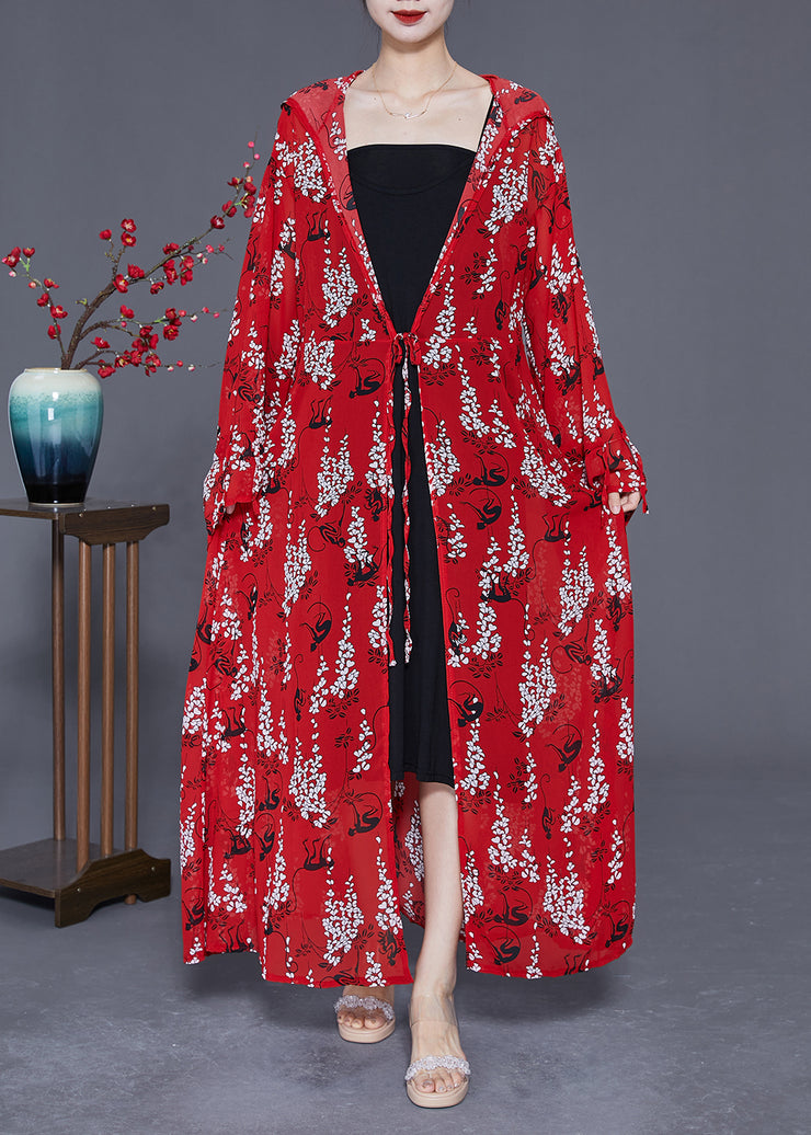 Red Print Chiffon Long Cardigan Hooded Tie Waist Summer