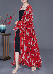 Red Print Chiffon Long Cardigan Hooded Tie Waist Summer