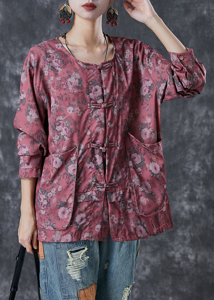 Red Print Cotton Shirt Tops Oversized Chinese Button Fall