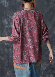 Red Print Cotton Shirt Tops Oversized Chinese Button Fall