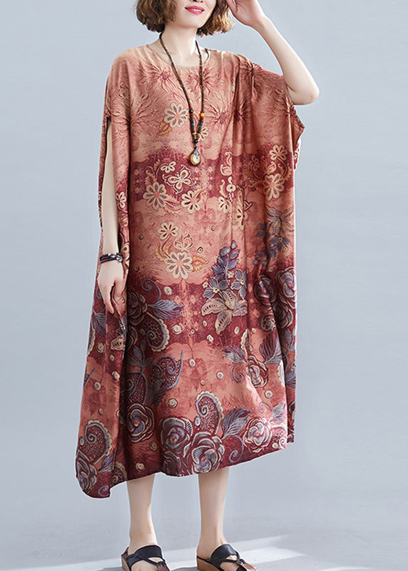 Red Print Draping Silk Loose Dresses O-Neck Short Sleeve