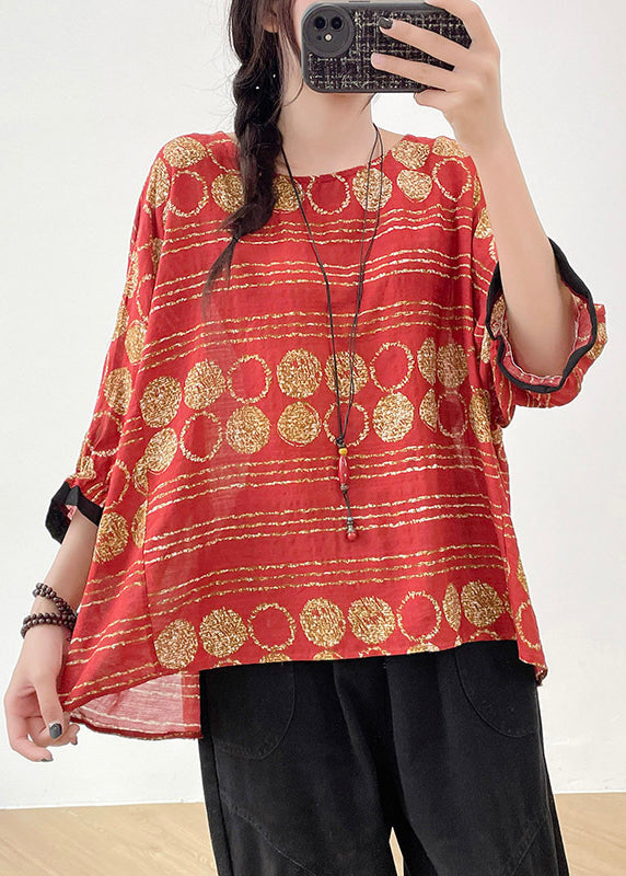 Red Print Linen Shirt Tops Oversized Bracelet Sleeve