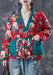 Red Print Patchwork Fine Cotton Filled Jacket Pockets In Winter