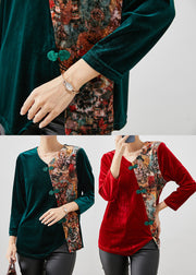 Red Print Patchwork Silk Velour Shirt Tops Chinese Button Winter