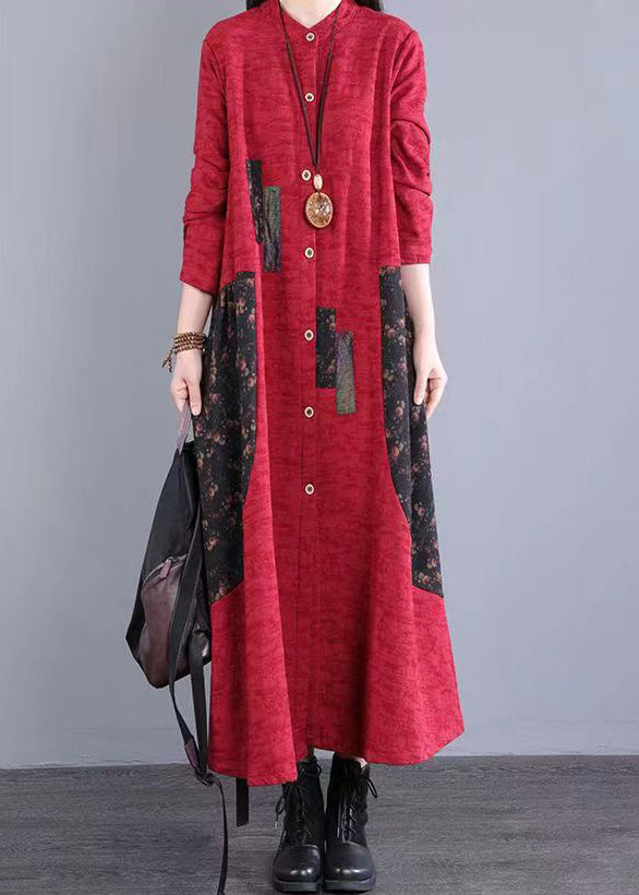 Red Print Pockets Patchwork Casual Cotton Long Dress Button Fall