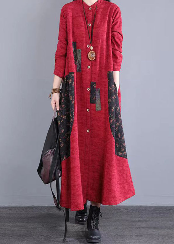 Red Print Pockets Patchwork Casual Cotton Long Dress Button Fall