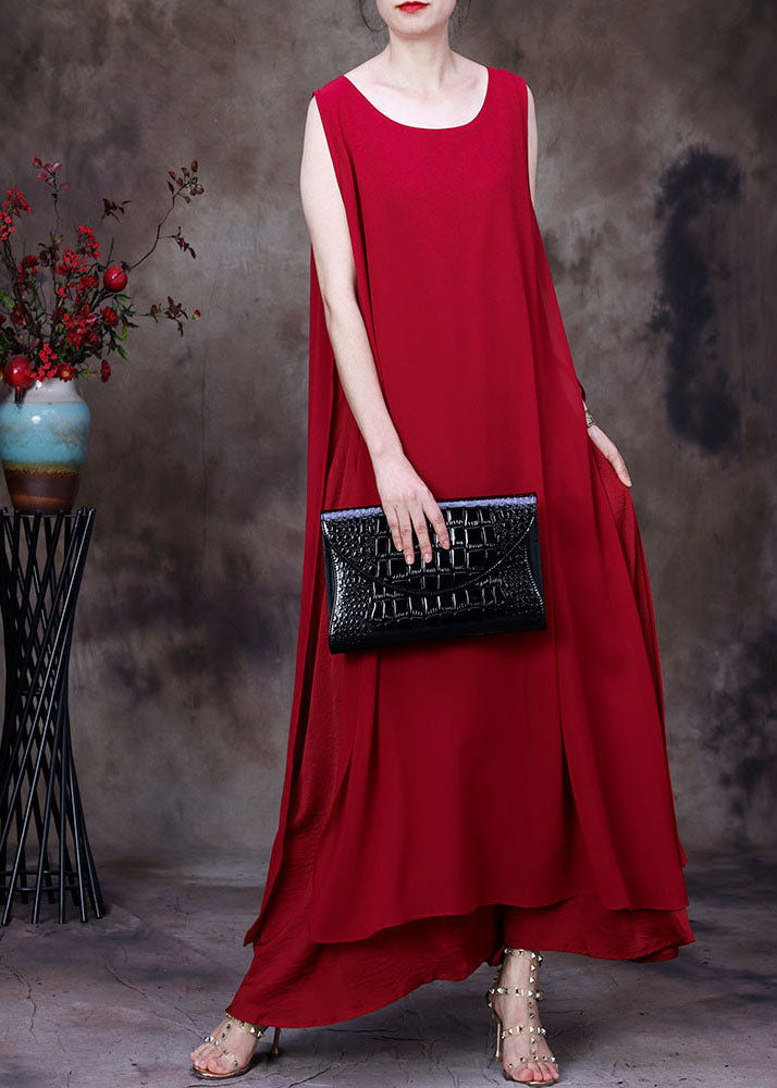 Rotes, seitlich offenes Chiffon-Feiertags-Strandkleid zum Schnüren, ärmellos