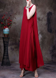 Rotes, seitlich offenes Chiffon-Feiertags-Strandkleid zum Schnüren, ärmellos