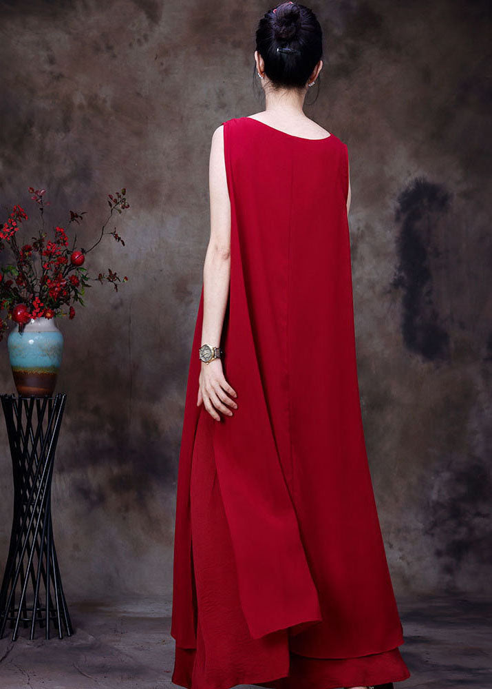 Rotes, seitlich offenes Chiffon-Feiertags-Strandkleid zum Schnüren, ärmellos