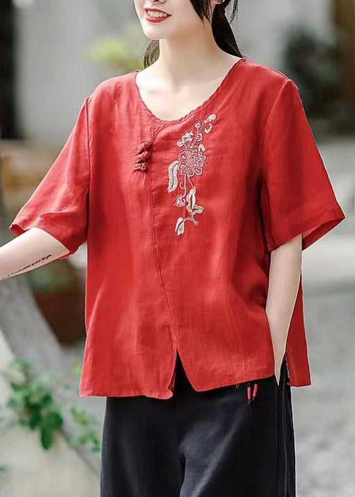 Red Side Open Patchwork Cotton T Shirt Embroidered Short Sleeve