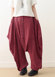 Red Tie Dye Cotton Harem Pants Asymmetrical Button Fall