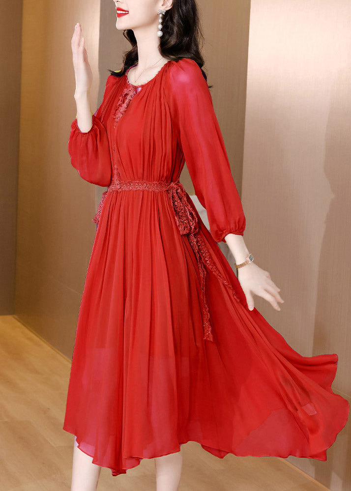 Red Tie Waist Solid Chiffon Maxi Dresses Long Sleeve