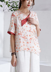 Red V-Neck Asymmetrical Design Print Summer Ramie Shirt Tops Short Sleeve - bagstylebliss