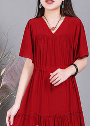 Red Wrinkled Cotton Vacation Dresses V Neck Cinched Short Sleeve