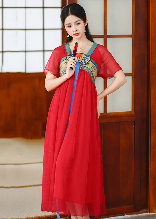 Red Wrinkled Patchwork Chiffon Long Dress Embroidered Short Sleeve