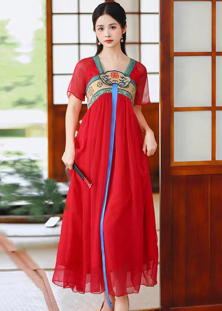 Red Wrinkled Patchwork Chiffon Long Dress Embroidered Short Sleeve