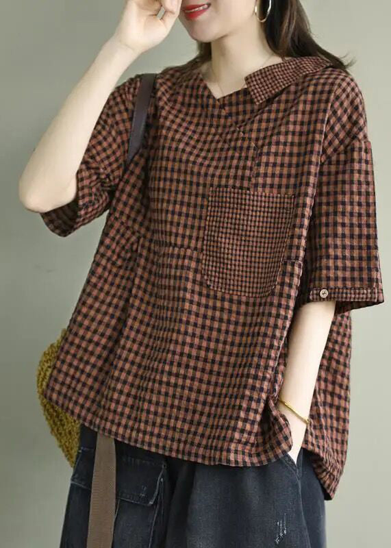 Red pocket Patchwork Loose Linen Shirts Top wrinkled Short Sleeve