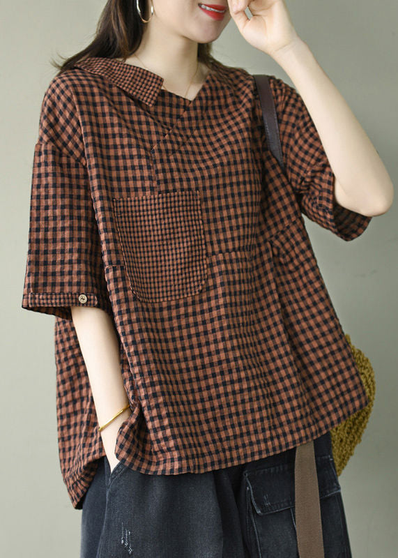 Red pocket Patchwork Loose Linen Shirts Top wrinkled Short Sleeve