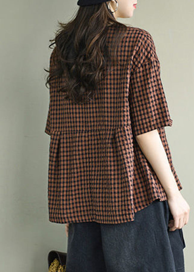 Red pocket Patchwork Loose Linen Shirts Top wrinkled Short Sleeve