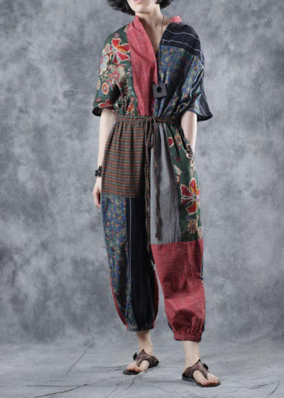 Red printed jumpsuit tie waist loose wide leg pants - bagstylebliss