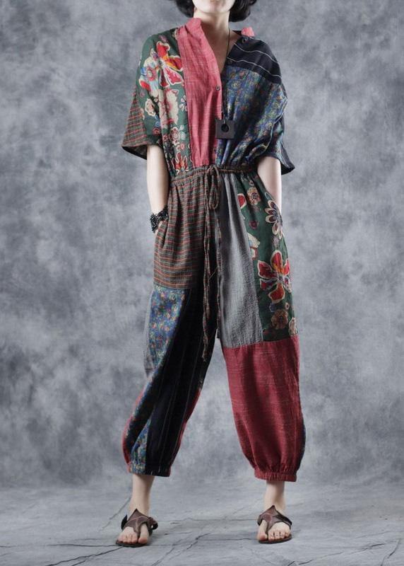 Red printed jumpsuit tie waist loose wide leg pants - bagstylebliss