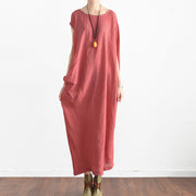 Red summer linen dresses side draping caftans oversized sleeveless sundress