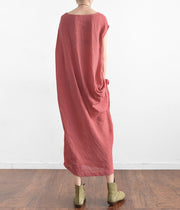 Red summer linen dresses side draping caftans oversized sleeveless sundress