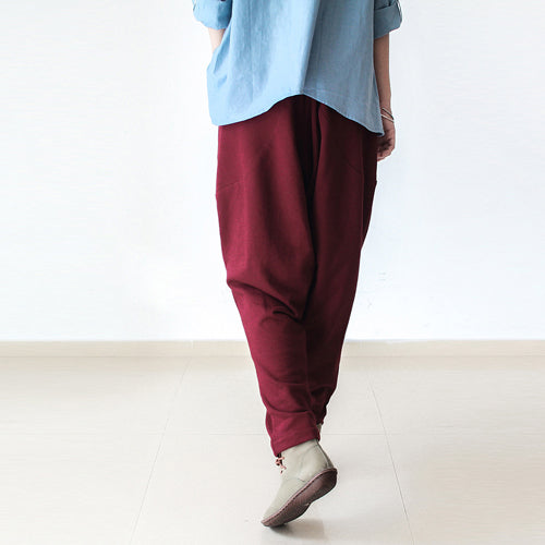 Red winter pants warm thick carrot pants oversized elastic waist harem pants