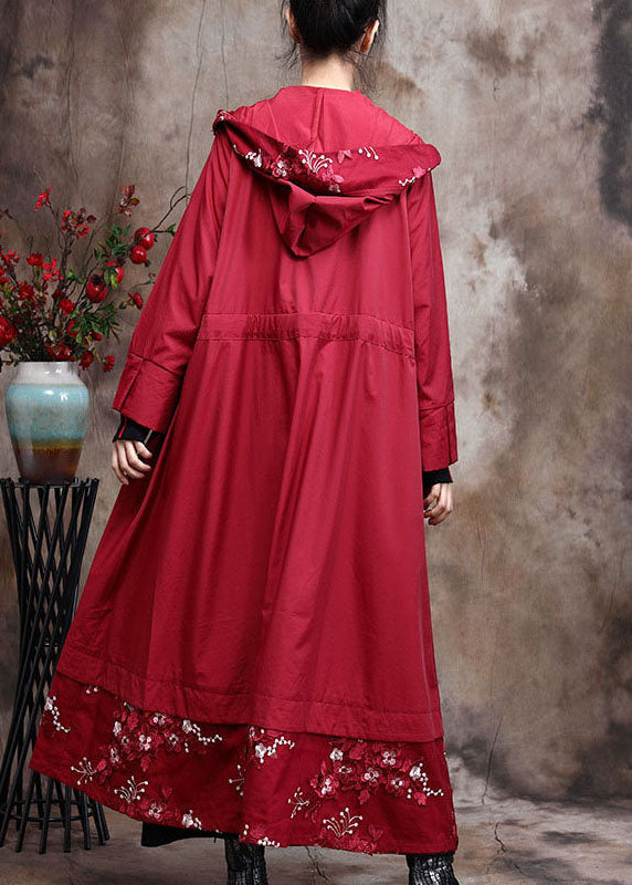 Red zippered Patchwork Embroideried Spring Coats