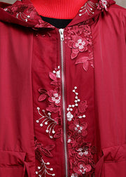 Red zippered Patchwork Embroideried Spring Coats