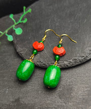 Regular Green Sterling Silver Jade Cinnabar Drop Earrings