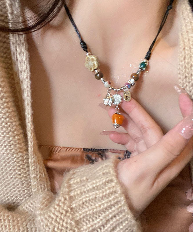 Retro Alloy Ceramic Beaded Persimmon Ruyi Pendant Necklace