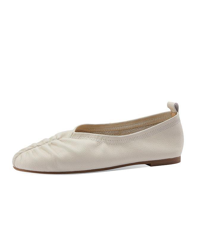 Retro Beige Pointed Toe Genuine Leather Flats Shoes - bagstylebliss