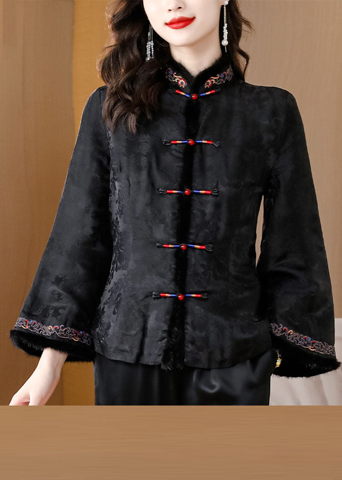 Retro Black Fur Collar Embroidered Button Silk Coats Long Sleeve